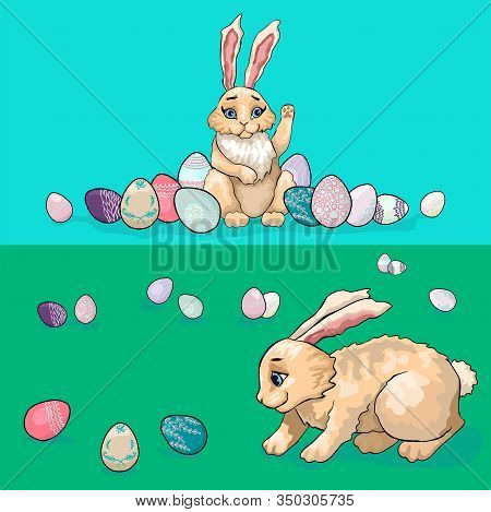 Easter Bunny Collects Eggs. Many Eggs Of Different Colors And Patterns. Two Postcard Designs For Eas