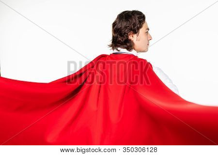 Rear View Of Businessman In Red Cout Superhero Isolated On White Background