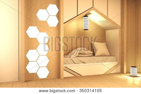 Hexagon Bed Shelf, Bedroom Japanese Style With Plants And Lamp Decoration On Wooden Floor.3D Redneri