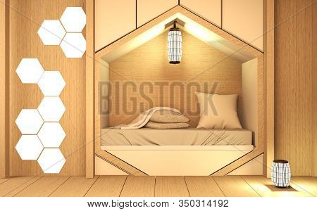 Hexagon Bed Shelf, Bedroom Japanese Style With Plants And Lamp Decoration On Wooden Floor.3D Redneri
