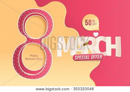 8 March International Women's Day. Greeting Card With Super Sale With Special Offer 50 With Gold Rib