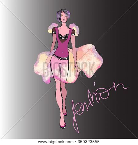 A Woman Shows Off A Trendy, Extravagant, Pink Dress. Suitable For: Fashion Magazine, Poster, Invitat