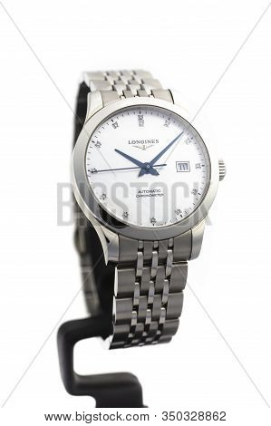 Saint-imier, Switzerland, 2.02.2020 - Woman Longines Automatic Silver Steel Body With Bracelet Watch