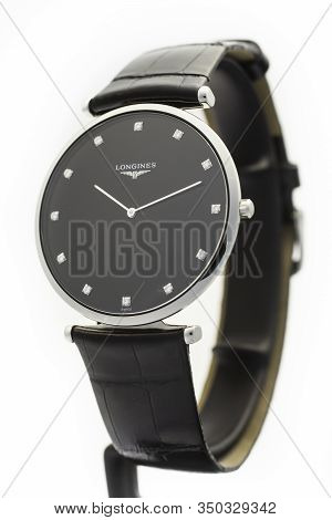 Saint-imier, Switzerland, 2.02.2020 - Longines Black Steel Body With A Leather Strap Watch Close-up 