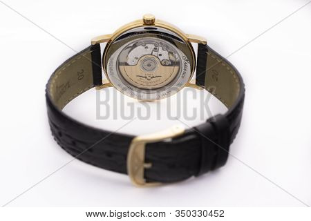 Saint-imier, Switzerland, 2.02.2020 - Longines Golden Or Steel Body With Leather Strap Watch Close-u