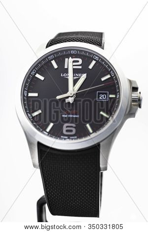 Saint-imier, Switzerland, 2.02.2020 - Longines Vhp Steel Body With A Strap Watch Close-up. Longines 