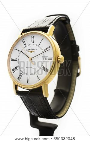 Saint-imier, Switzerland, 2.02.2020 - Longines Golden Or Steel Body With Leather Strap Watch Close-u