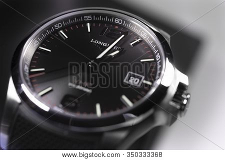 Saint-imier, Switzerland, 2.02.2020 - Longines Vhp Steel Body With A Strap Watch Close-up Clock Face