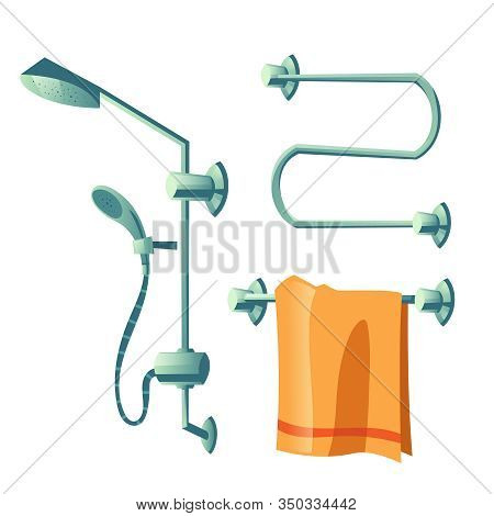 Bathroom Accessories Set, Shower Head On Hose, Towel Hanging On Heater Rail And Empty Coil Dryer In 