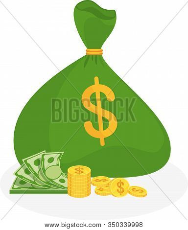 Tied Up A Green Bank Bag With Stack Of Gold Dollar Coins And Bundle Of Banknotes. Metaphor Of Succes