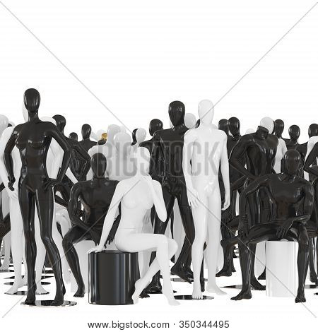 Group Of Male And Female Mannequins In Different Poses On A White Background. 3d Rendering