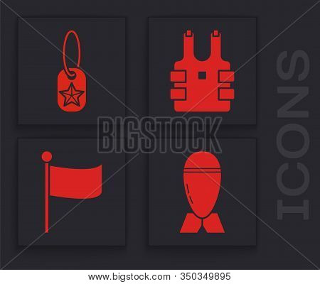 Set Aviation Bomb , Military Dog Tag , Bulletproof Vest For Protection From Bullets And Flag Icon. V