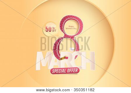 8 March International Women's Day. Super Sale With 50 Special Offer. Greeting Card With Shining Glit