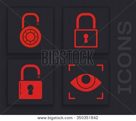 Set Eye Scan , Safe Combination Lock Wheel , Lock And Open Padlock Icon. Vector