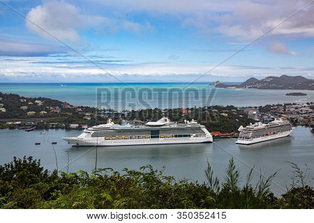 Castries, Saint Lucia - March 2, 2018: Saint Lucia Is A Caribbean Island With A Pair Of Tapered Moun