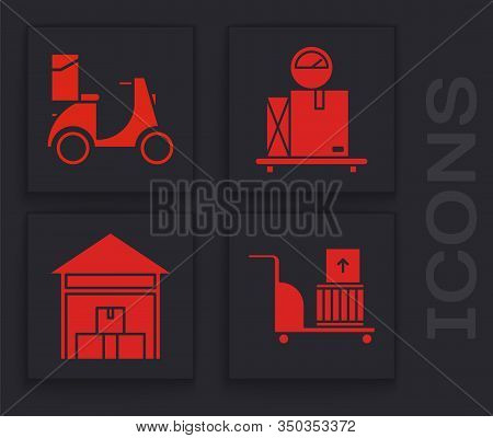 Set Electric Hand Truck And Boxes , Scooter Delivery , Scale With Cardboard Box And Warehouse Icon. 