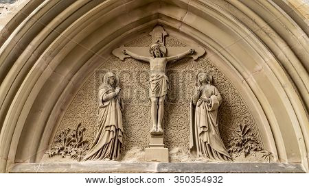 Christian Church Portal In Detail Of St. Laurentius Church In Saarburg