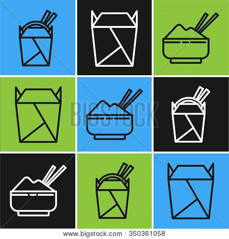 Set Line Asian Noodles In Paper Box And Chopsticks, Rice In A Bowl With Chopstick And Rstaurant Open