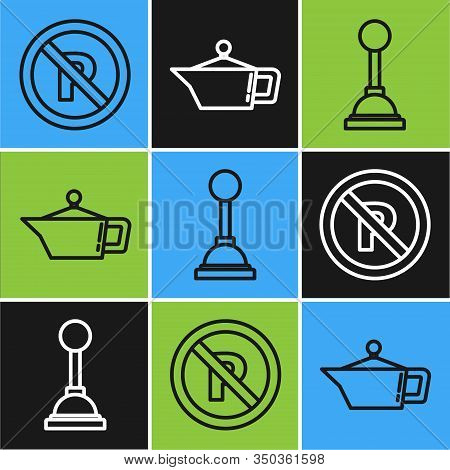 Set Line No Parking Or Stopping, Gear Shifter And Canister For Motor Machine Oil Icon. Vector