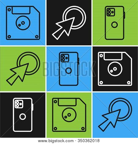 Set Line Floppy Disk For Computer Data Storage, Smartphone, Mobile Phone And Arrow Cursor Icon. Vect