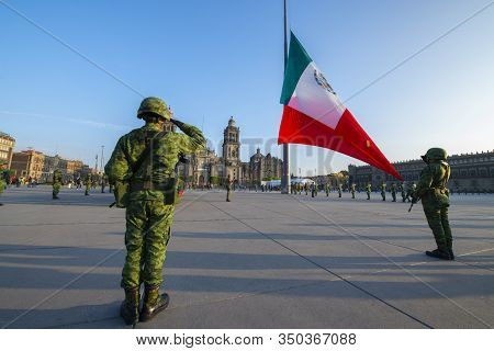 Mexico City - Jan. 17, 2020: Soldier Salute On Zocalo At Historic Center Of Mexico City Cdmx, Mexico