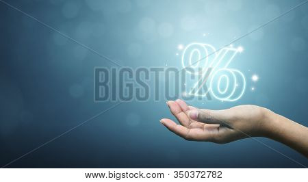 Interest Rate Financial And Mortgage Rates Concept. Hand Showing Icon Percent 3d Sign Symbol