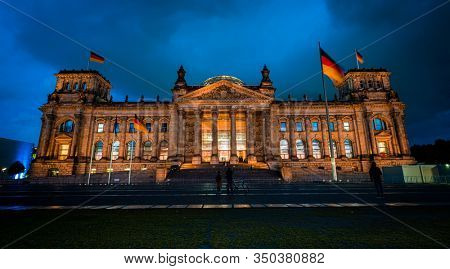 Illumanated Reichstag Building in Berlin, Germany