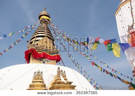Nepal Kathmandu Swayambhunath Temple Or Monkey Temple Is An Ancient Religious Architecture  On Hill 