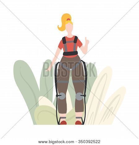 Illustration Of White Woman In Exosuit With Abstract Foliage. Medical Exoskeleton To Help People Wit