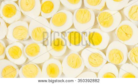 Half Boiled Eggs Background. Top View. Top View.