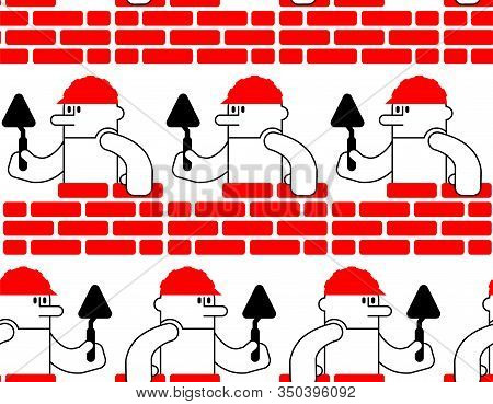 Builder And Brick Wall Pattern Seamless. Erector And Wall Background. Building Texture.