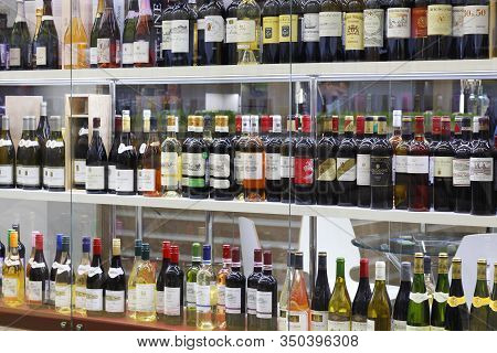 Moscow, Rf, 02.10.2020: Wine Bar With Bottles Of Wine. Many Different Bottles Of Wine And Champagne.