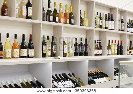 Moscow, Rf, 02.10.2020: Wine Bar With Bottles Of Wine. Many Different Bottles Of Wine And Champagne.