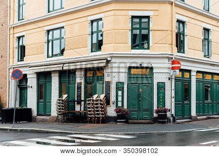Oslo, Norway - August 11, 2019: Trendy Bar Storefront In Grunerlokka, A Trendy Hipster Neighborhood 