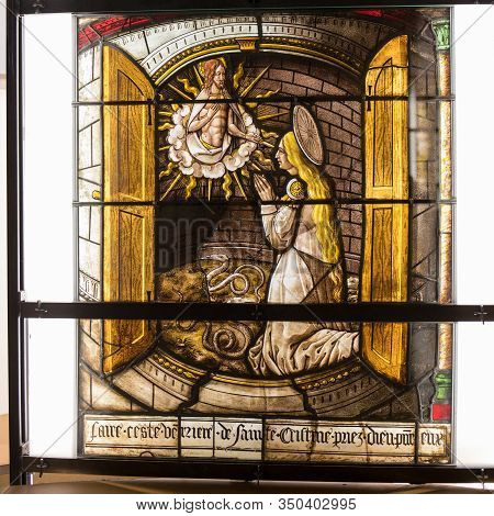 Troyes, France - August 31, 2018: Exhibition Of Beautiful Stained Glass Windows At Cite Du Vitrail I
