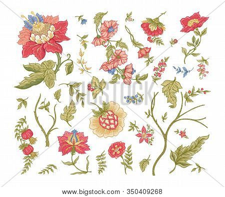 Set Of Fantasy Flowers In Retro, Vintage, Jacobean Embroidery Style. Embroidery Imitation Isolated O