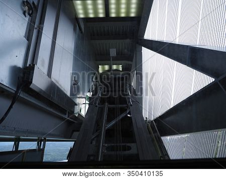 Indoor Of Metal Construction Of Ski Jump Elevator In Holmenkollen Near European Capital City Of Oslo