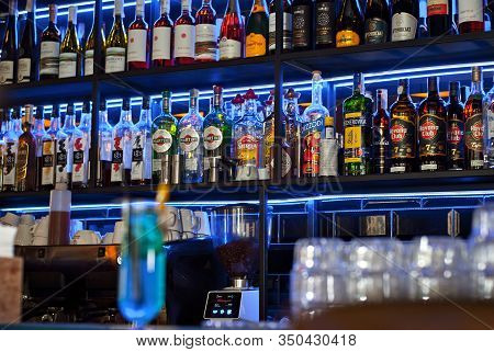 Chernivtsi, Ukraine. December 30, 2019. Bar: Goira. Heroiv Maidanu Str. 2v. Alcohol Bottles Are Illu