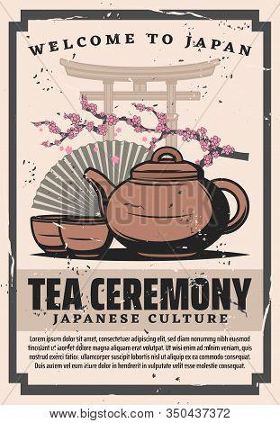 Tea Ceremony Cups And Pot Of Japanese Green Powdered Tea Matcha With Flowers Of Sakura Tree, Asian P