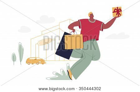 Man With Shopping Bags And Gift Box. Modern Male Funny Character Design Over The Mall And Car Linear