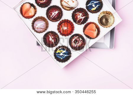 Box Of Tasty Chocolate Candies Homemade Cocolate Candy Tasty And Beautiful Dessert Top View Horizont