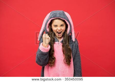 Yes I Can. Lifestyle Concept. Rest And Relax. Cute Bunny Kid On Red Background. Baby Animal Characte