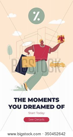 Moments You Dreamed Of Site Banner Template. Funny Man With Shopping Bags. Modern Male Funny Charact