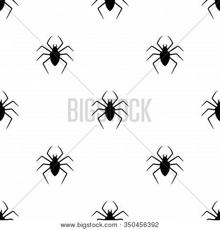 Seamless Pattern With Black Silhouette Of Spider On White Background. Halloween Decorative Texture. 