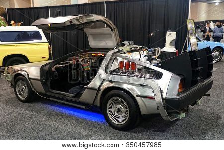 Philadelphia, Pennsylvania, U.s.a - February 9, 2020 - The Silver Dmc Delorean Car Used In The Back 