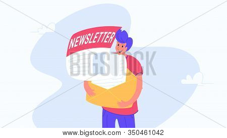 Happy Smiling Man Hugging Envelope With Newsletter. Flat Modern Concept Vector Illustration Of Peopl