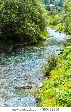Vertical Picture Of Slavsko River In Town Slavsko In Carpathian Mountains In West Part Of Ukraine. S