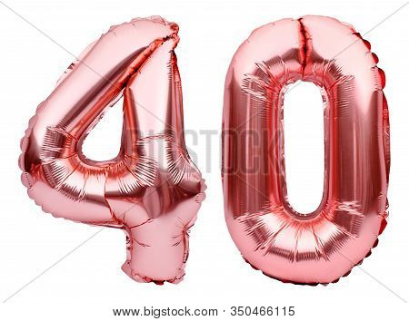 Number 40 Forty Made Of Rose Golden Inflatable Balloons Isolated On White. Helium Balloons, Pink Foi