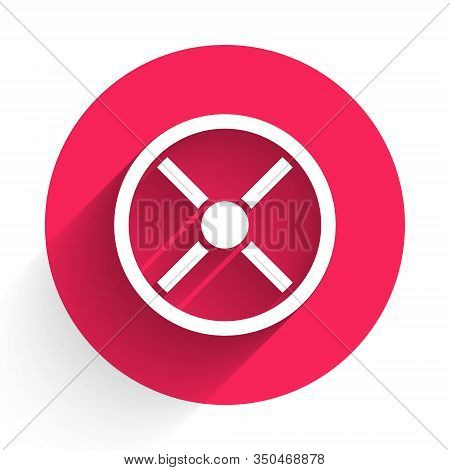White Industry Valve Icon Isolated With Long Shadow. Red Circle Button. Vector Illustration