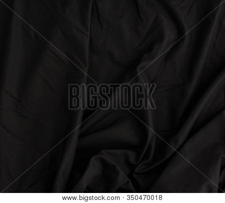 Texture Of Black Cotton Fabric With Waves, Full Frame, Fabric For Sewing Clothes, Shirts. Design Ele